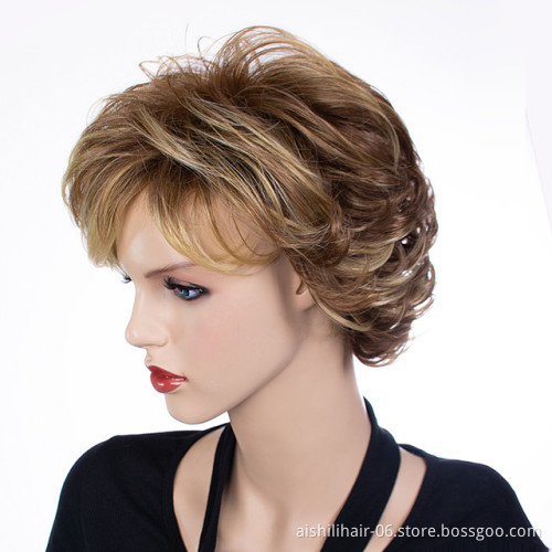 Wholesale stort mix brown with gloden natural wave and behand curly wig heat resistant synthetic hair wigs for women